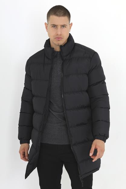 Plain Black Padded Funnel Neck Long Jacket