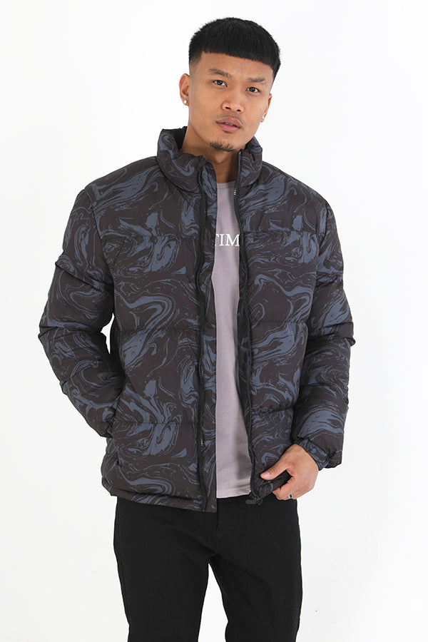 Black Marble Print High Neck Zip Through Padded Jacket