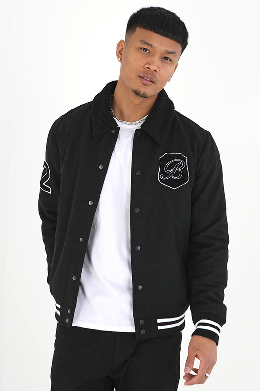 Black Badge Detail Borg Collar Varsity Jacket