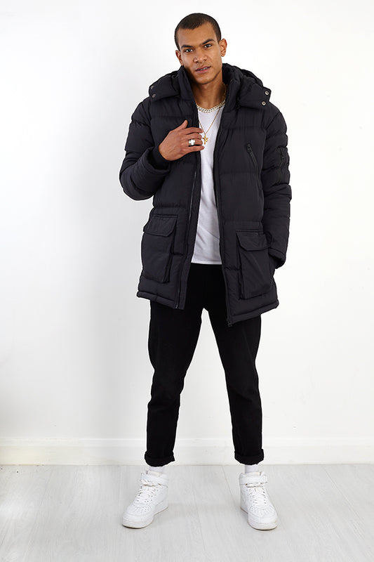 Black Longline Detachable Hooded High Neck Puffer Coat