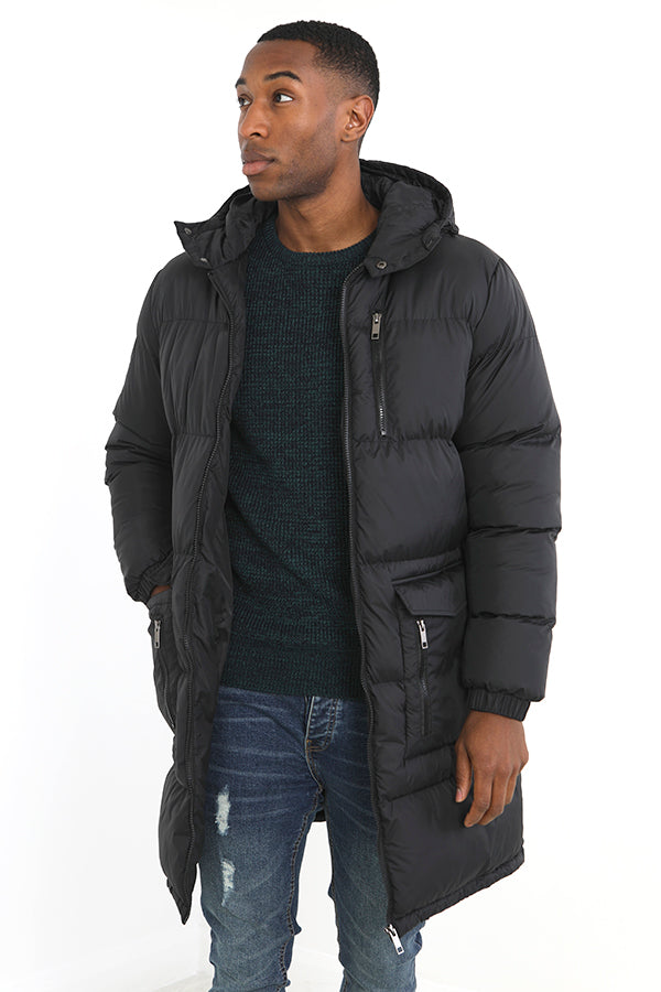 Black Longline Hooded Padded Puffer Coat