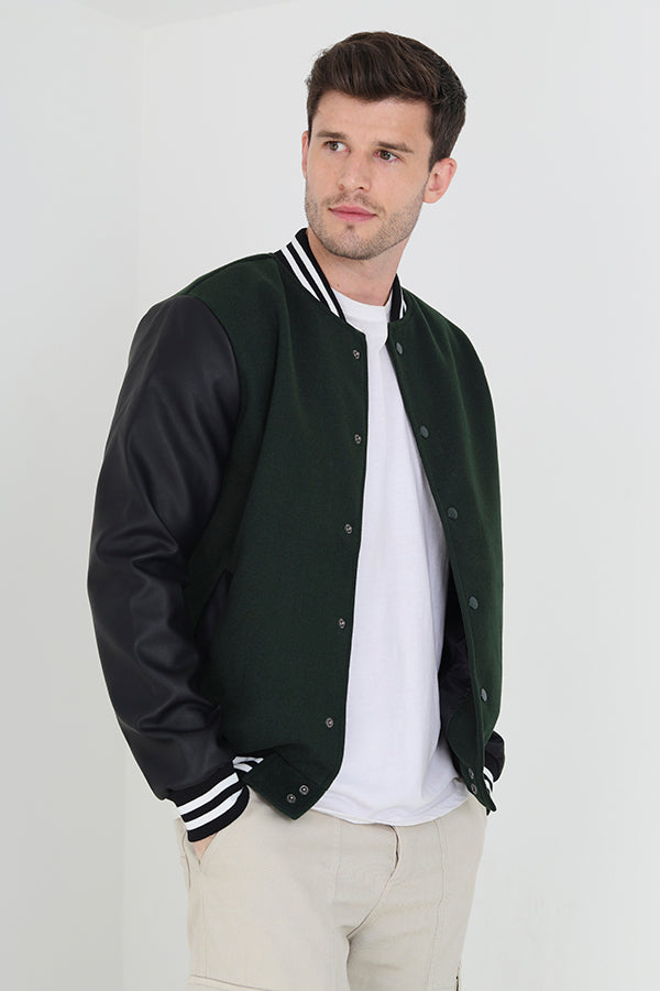 Green/Black Button Through Varsity Style Jacket