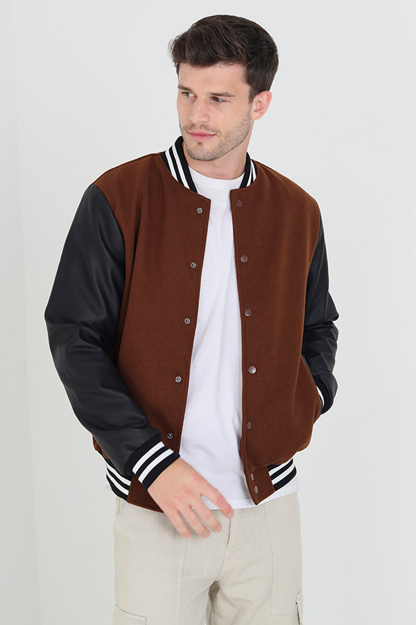 Tan/Black Button Through Varsity Style Jacket