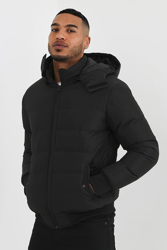 Plain Black Ribbed Detail Hooded Padded Zip Jacket