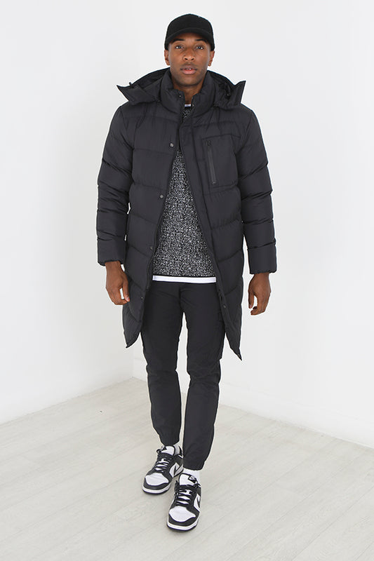 Black Longline Fixed Hood Padded Puffer Coat