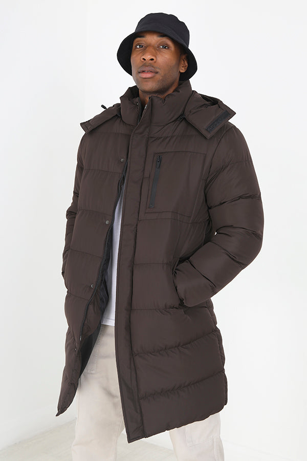 Brown Longline Fixed Hood Padded Puffer Coat