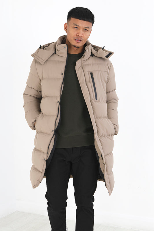 Stone Longline Fixed Hood Padded Puffer Coat