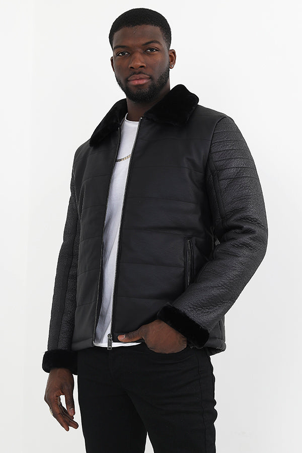 Black Faux Fur Detail Quilted Pu Jacket