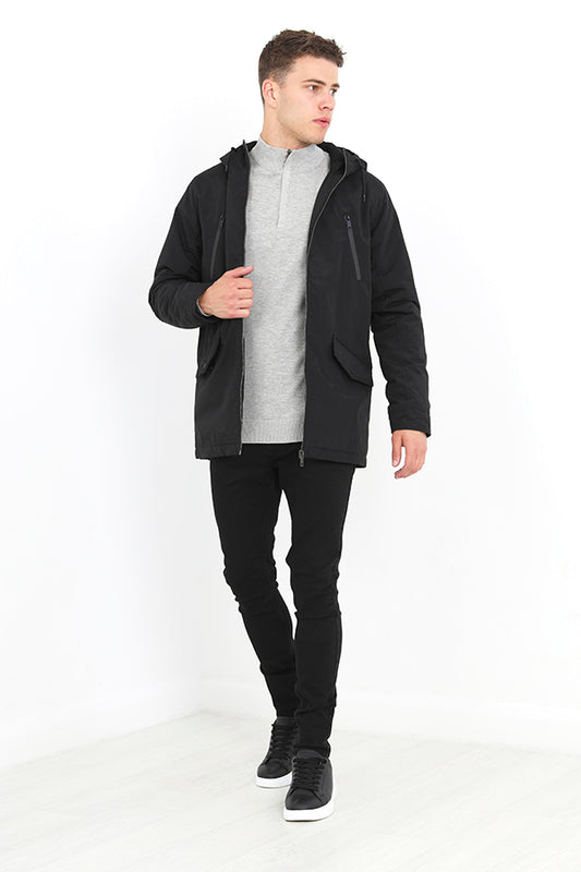 Black Zip Through Twill Pvc Coated Jacket