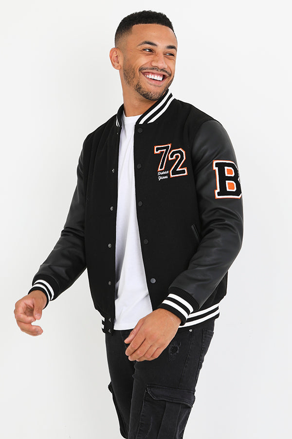 Black Badge Detail Faux Wool Varsity Jacket