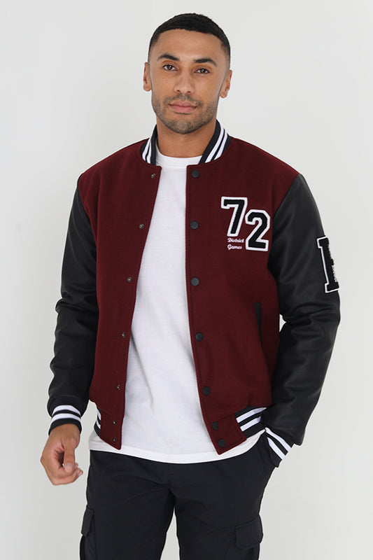 Burgundy Badge Detail Faux Wool Varsity Jacket