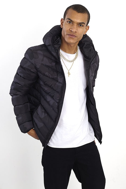 Black Camo Print Puffer Style Fixed Hood Coat