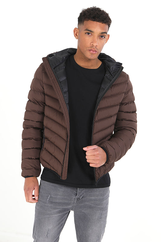 Chocolate Brown Padded Puffer Style Fixed Hood Coat