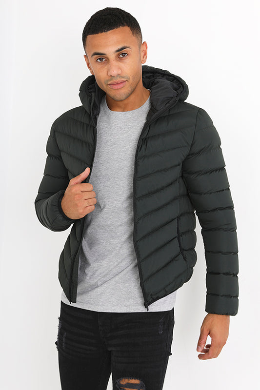 Plain Khaki Hooded Elastic Trim Detail Puffer Jacket