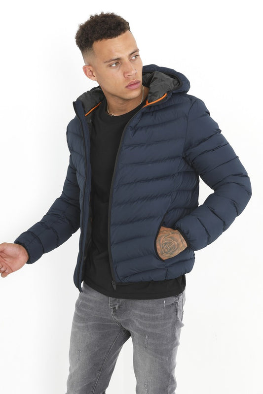 Plain Navy Hooded Elastic Trim Detail Puffer Jacket