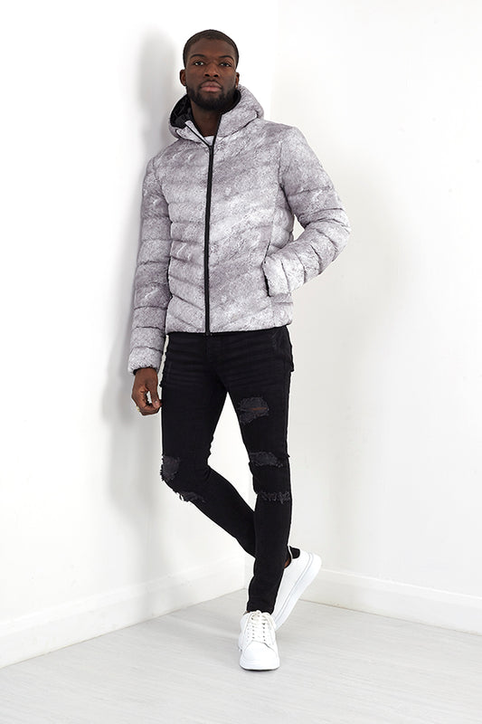 Grey Printed Hooded Elastic Trim Detail Puffer Jacket