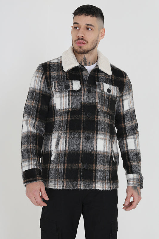 Brushed Checked Jacket With Cream Sherpa Collar