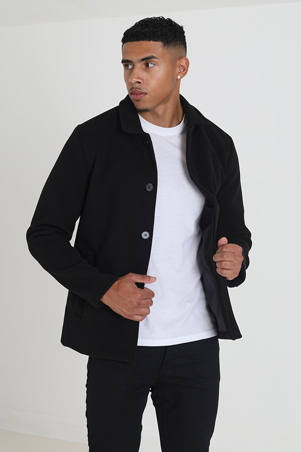 Black Faux Wool Funnel Neck Button Through Overcoat