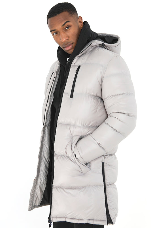 Ice Grey Zip Detail Long Hooded Padded Jacket