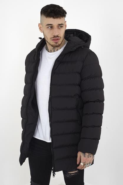 Black Longline Zip Through Hooded Padded Jacket