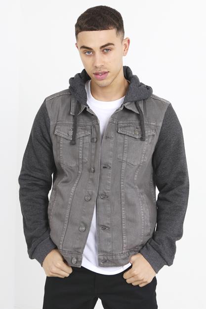 Grey Denim Wash Contrast Jersey Sleeve Hooded Jacket