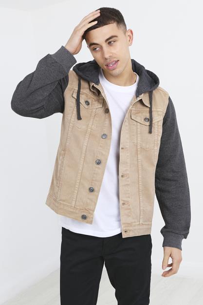 Stone Denim Wash Contrast Jersey Sleeve Hooded Jacket