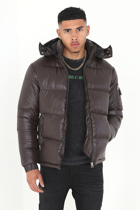 Brown Hooded Funnel Neck Padded Puffer Jacket