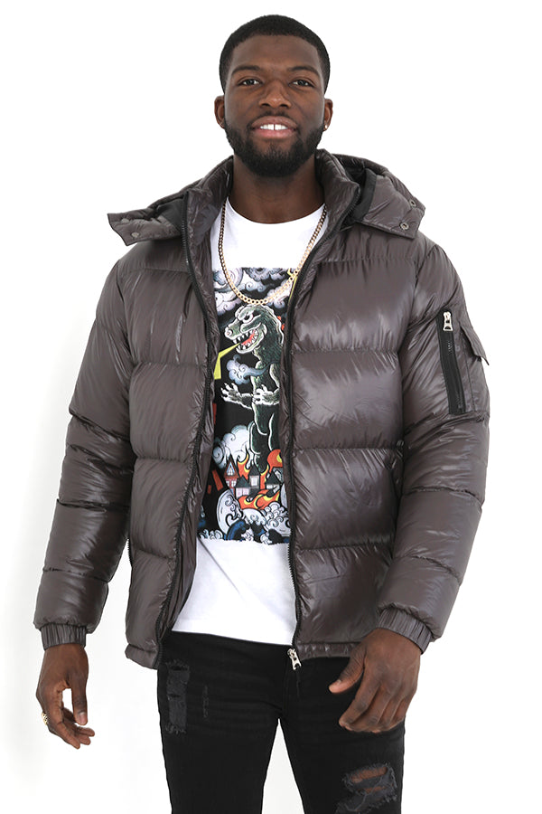 Grey Zip Through Funnel Neck Hooded Padded Jacket