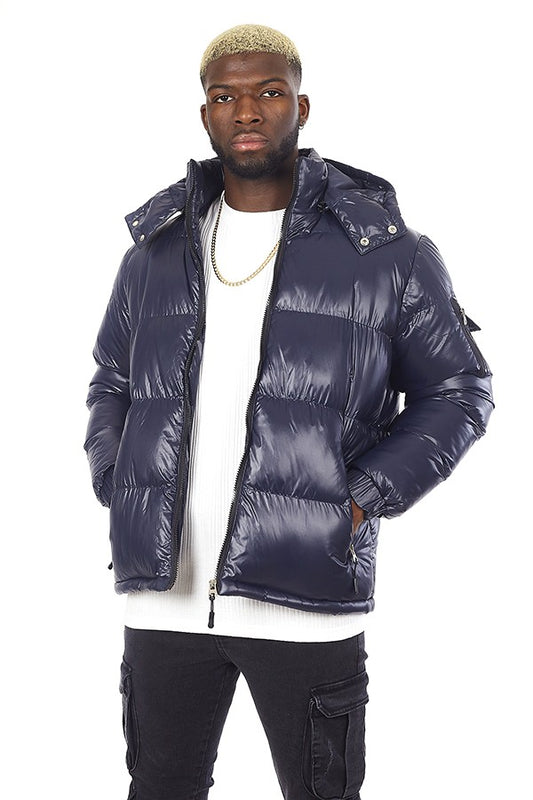 Sleeve Pocket Detail Shiny Navy Hooded Puffer Jacket