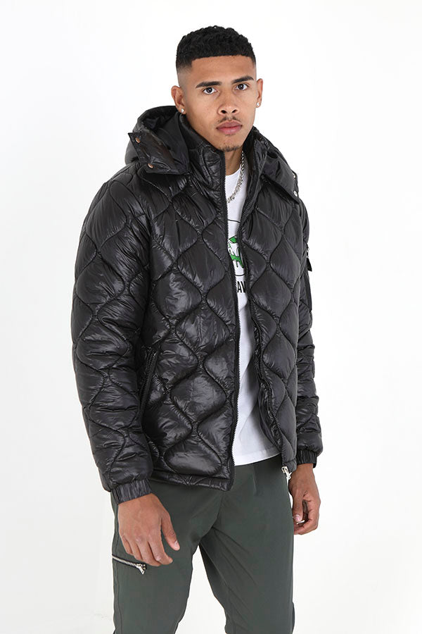 Black Shine Funnel Neck Onion Quilted Padded Coat