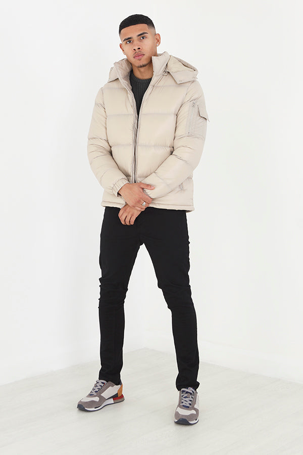 Stone Hooded Zip Through Padded Puffer Jacket