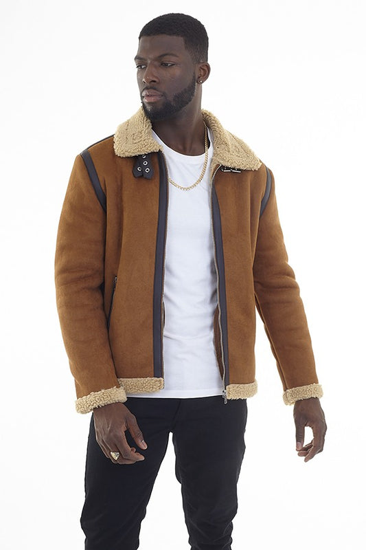 Sherpa Detail Tan Faux Suede Aviator Jacket