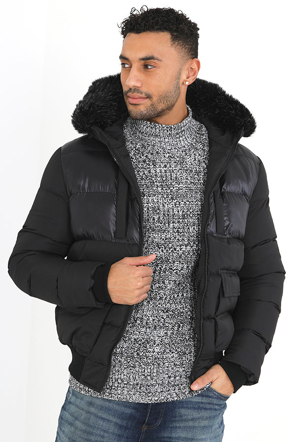 Black Faux Fur Hooded Semi Shine Padded Jacket