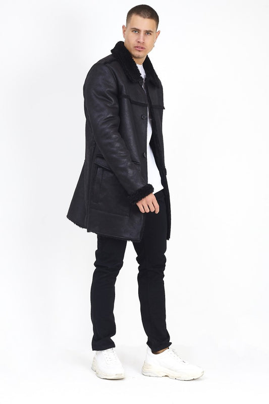 Black Longline Bonded Faux Suede Borg Jacket