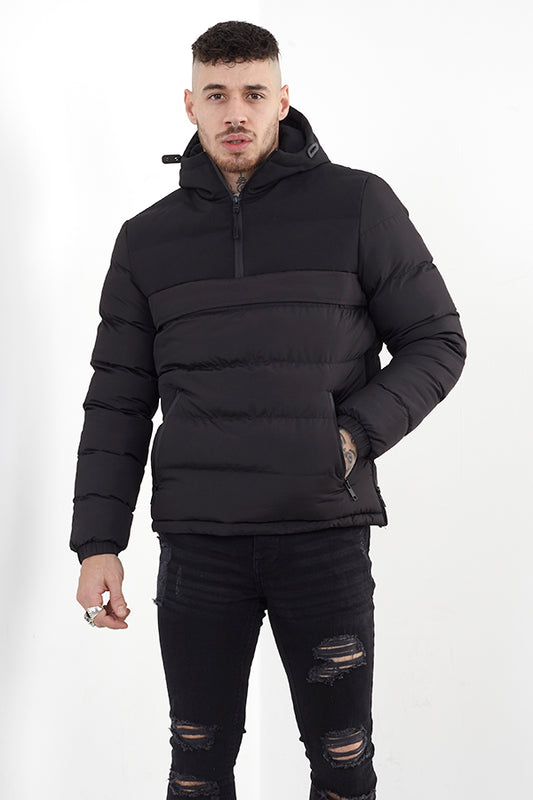 Black Over Head Hooded Quarter Zip Padded Jacket