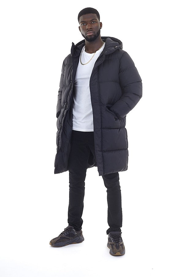 Padded Longline Plain Colour Hooded Coat