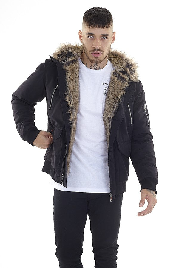 Faux Fur Trim Hooded Black Bomber Jacket