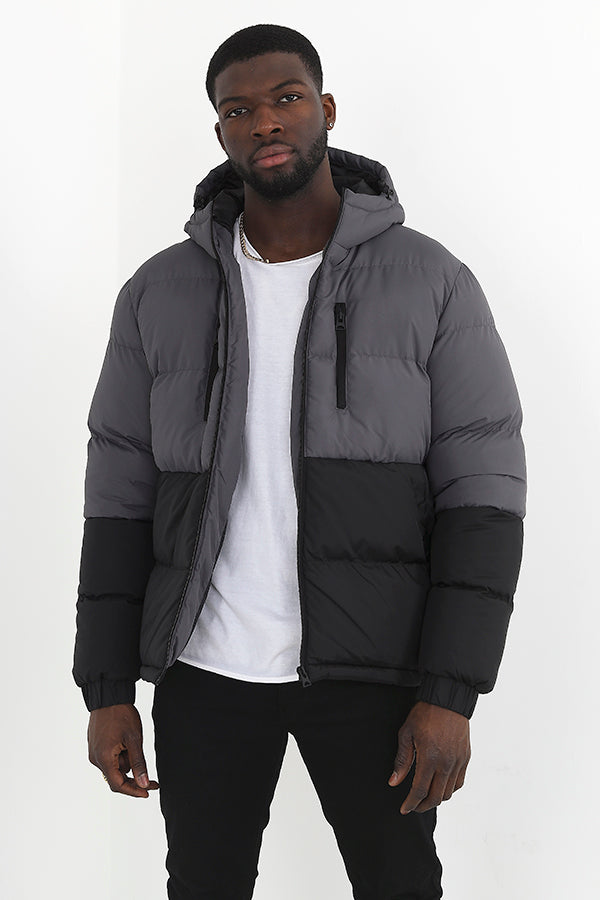 Grey And Black Block Colour Padded Hooded Coat