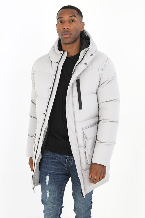 Ice Grey Longline Fixed Hood Padded Puffer Coat