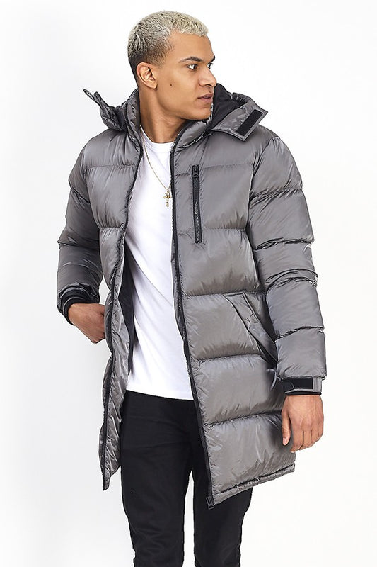 Grey Longline Funnel Neck Removable Hood Padded Jacket