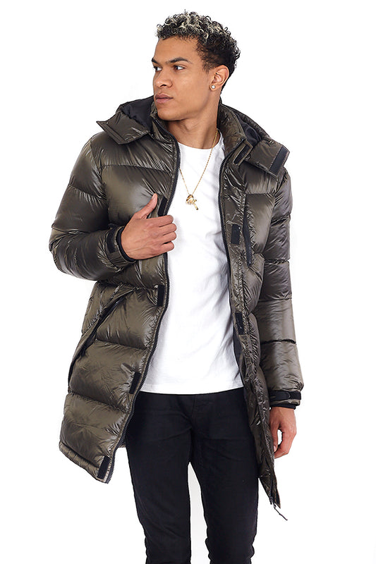 Khaki Longline Funnel Neck Removable Hood Padded Jacket