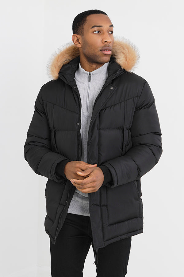 Black Zip Through Faux Fur Trim Padded Coat