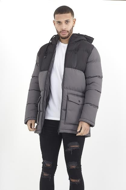 Black And Grey Colour Block Padded Parka Coat