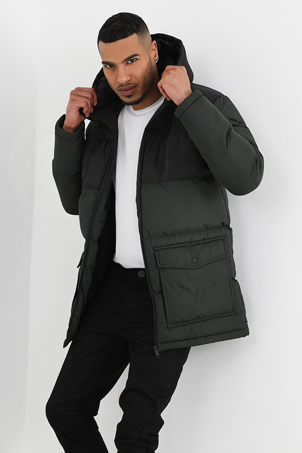 Khaki Hooded Zip Through Padded Parka Jacket