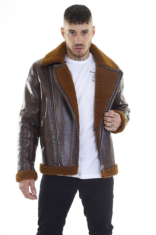 Brown Shearling Trim Aviator Jacket