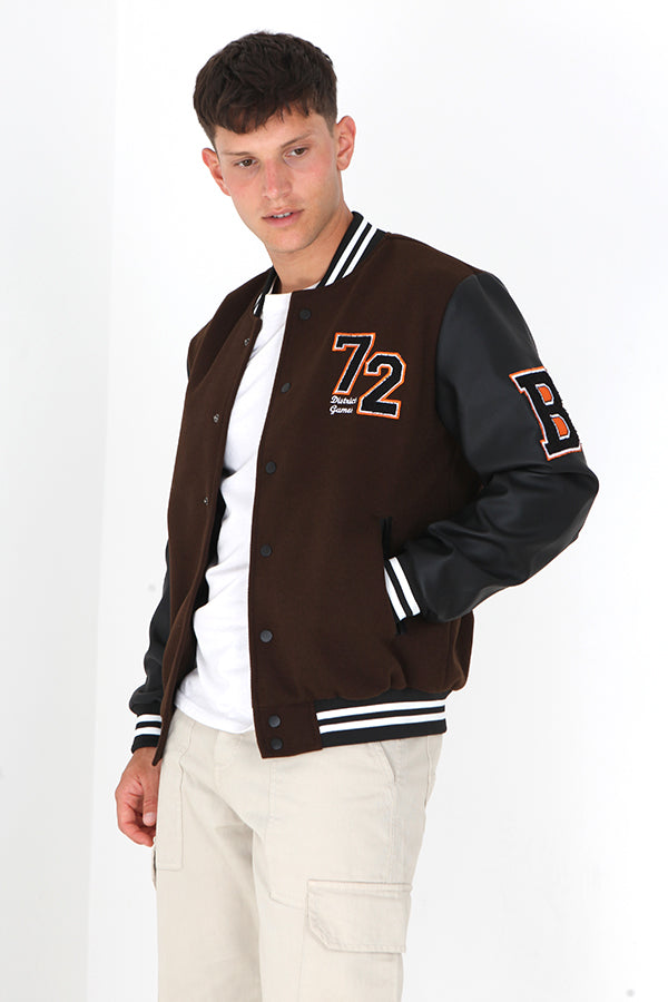 Brown/Black Pu Sleeve Faux Wool Varsity Jacket