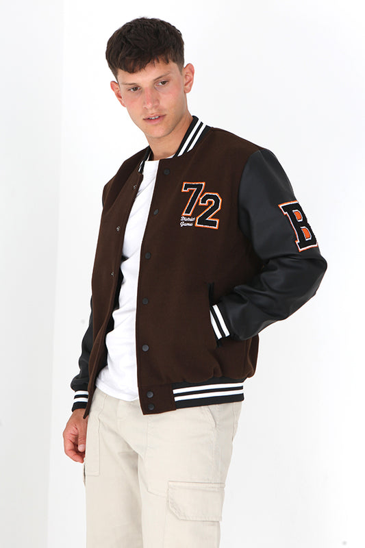 Brown/Black Pu Sleeve Faux Wool Varsity Jacket