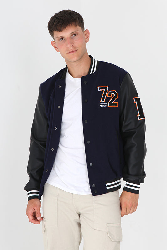 Navy/Black Pu Sleeve Faux Wool Varsity Jacket