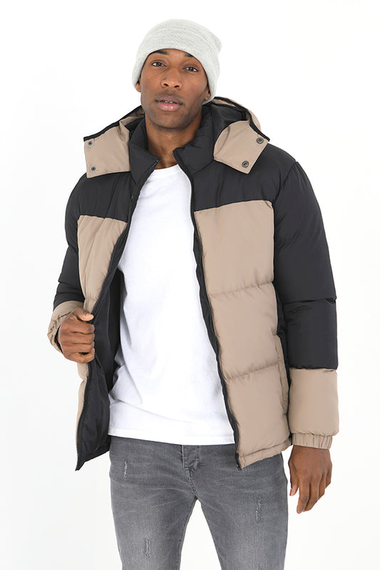 Stone/Black Contrast Zip Through Hooded Coat