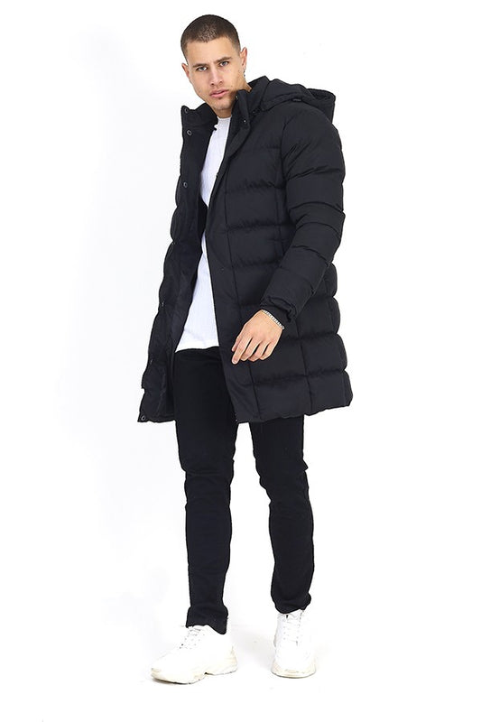 Black Hooded Long Length Padded Coat